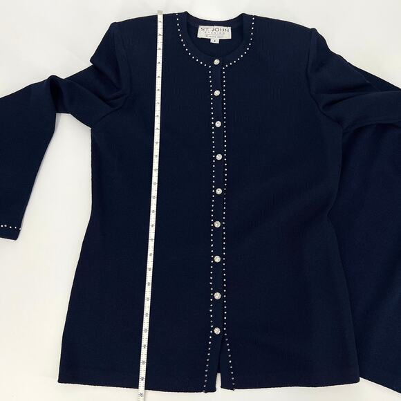 St. John Evening by Marie Gray Navy Knit Rhinestone Jacket and Skirt Set Size 4 - Picture 6 of 13